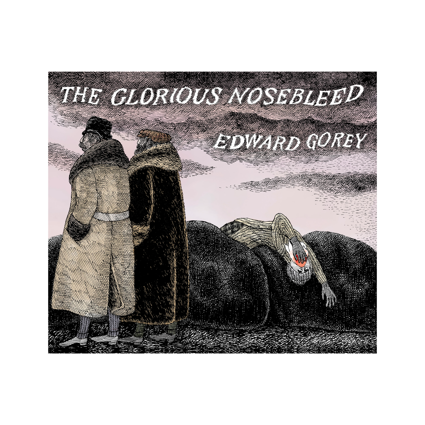 Edward Gorey book cover art with two figures in coats and a person with a nosebleed on bushes