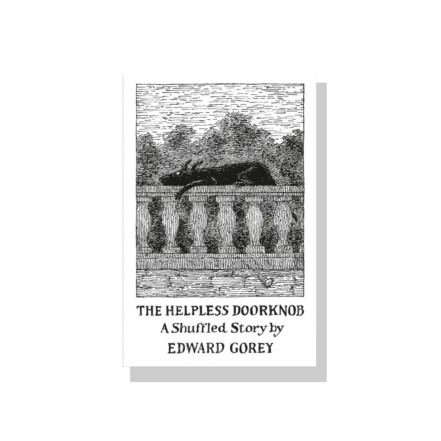 Edward Gorey book cover illustration with creature on balcony, The Helpless Doorknob