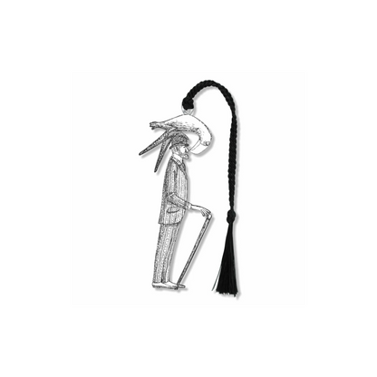 Edward Gorey Osbick Bird metal bookmark with black tassel on white background