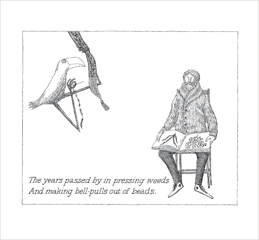 Edward Gorey illustration of a man with a book and a bird on a branch, black and white drawing