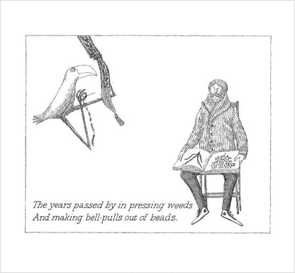 Edward Gorey illustration of a man with a book and a bird on a branch, black and white drawing
