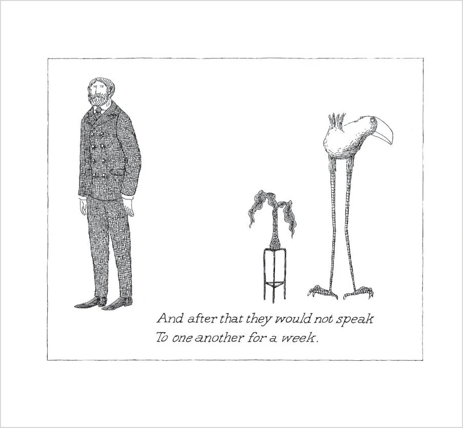 Edward Gorey illustration of a suited man, quirky bird, odd plant, and caption from The Osbick Bird