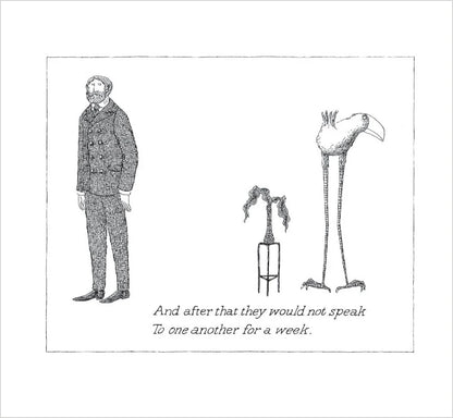 Edward Gorey illustration of a suited man, quirky bird, odd plant, and caption from The Osbick Bird