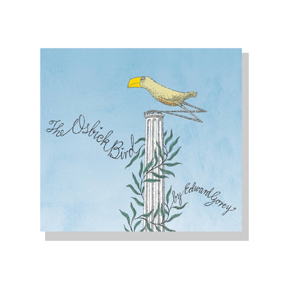 The Osbick Bird illustration by Edward Gorey, yellow-beaked bird on a column with vines, blue sky.