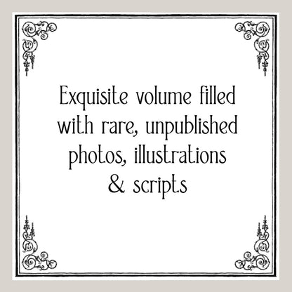 Decorative sign with text about rare, unpublished Edward Gorey photos, illustrations, scripts