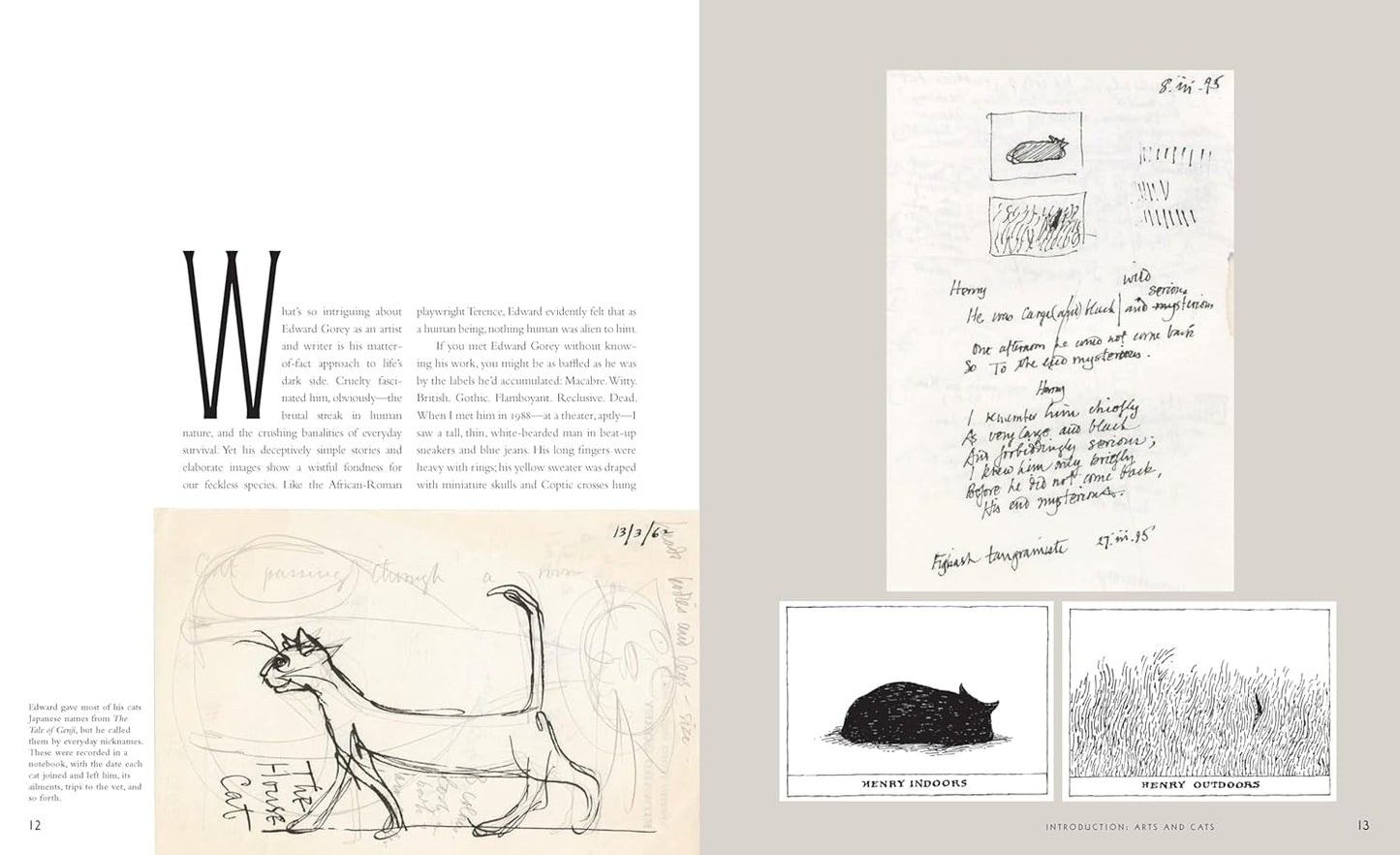 Edward Gorey cat sketches, handwritten notes, and illustrations from The Edward Gorey Online Shop