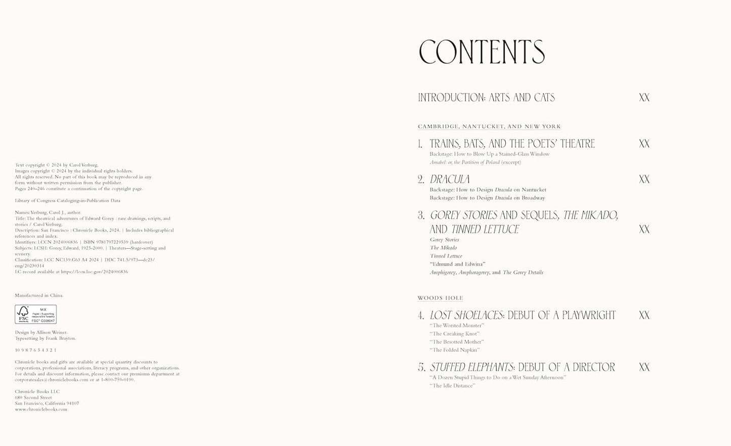 Edward Gorey book table of contents page showing sections on Dracula, Gorey stories, and theatrical adventures.
