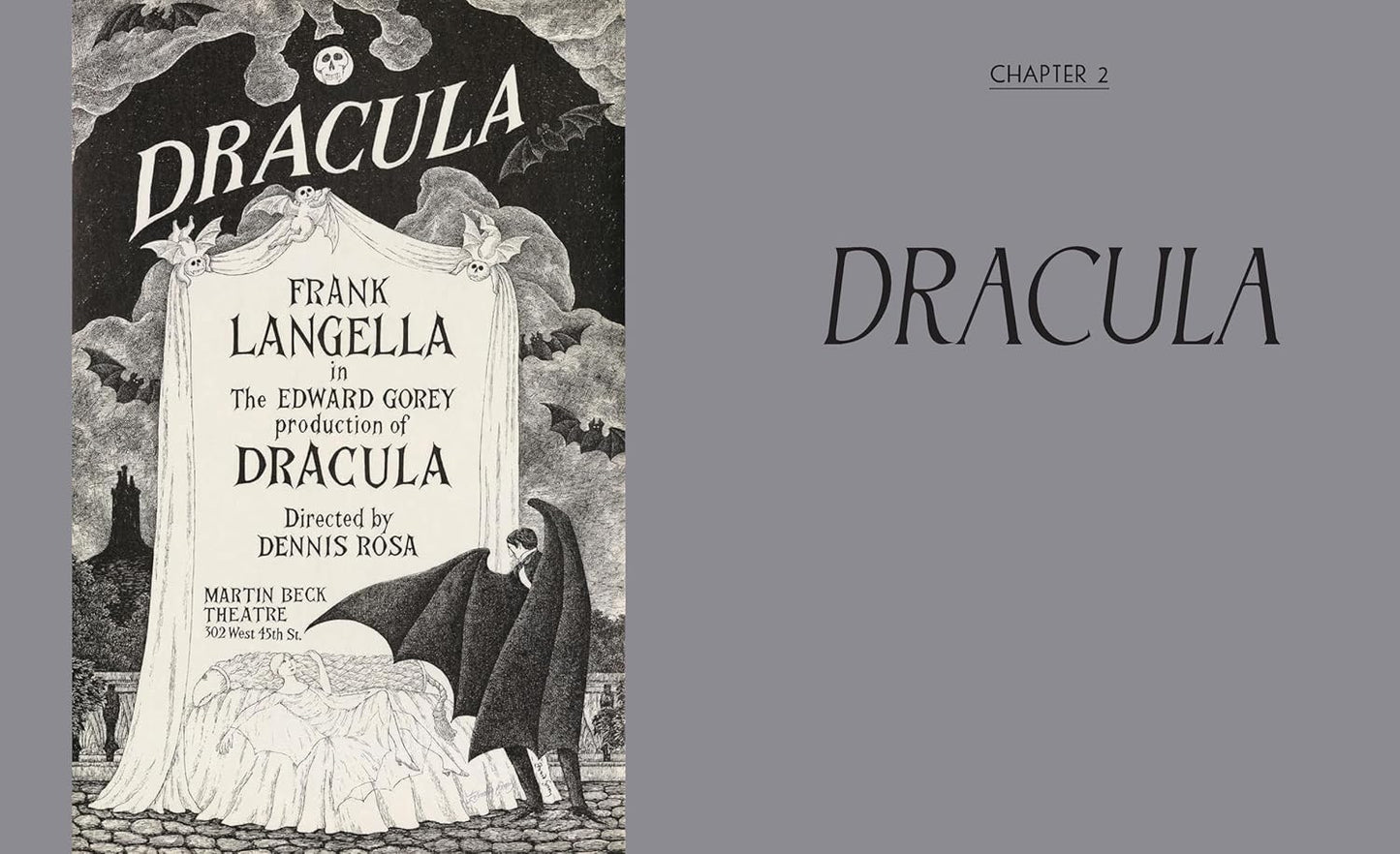 Edward Gorey Dracula illustration with bats, gothic scenery, and theatre show details
