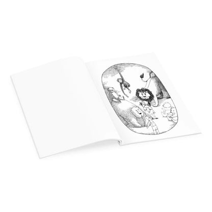 Edward Gorey coloring book open to whimsical animal and character illustration, white background