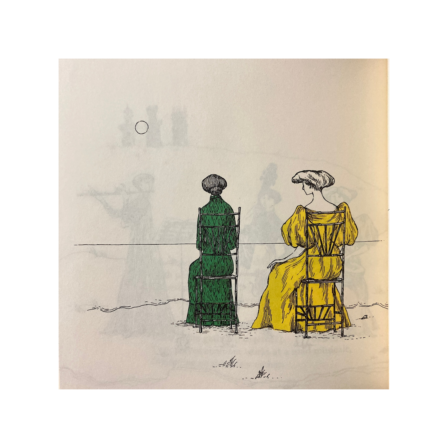 Edward Gorey illustration of two women in yellow and green dresses seated by the sea