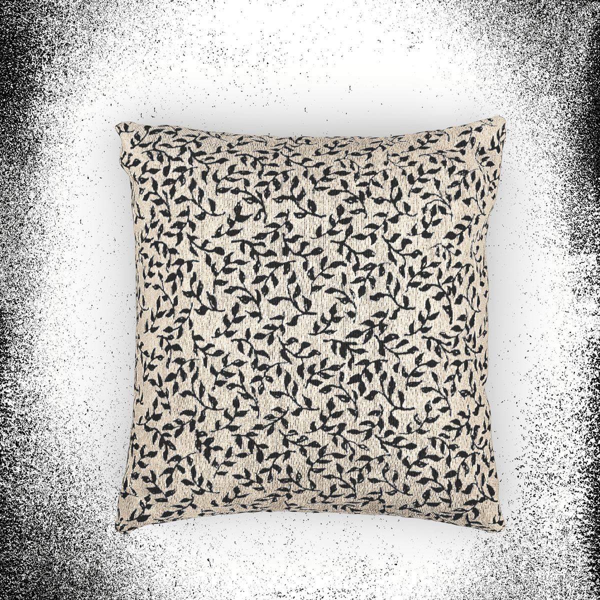 Edward Gorey vines pattern cushion on textured beige fabric, decorative throw pillow
