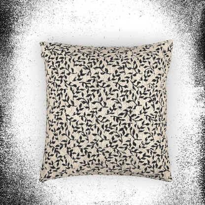 Edward Gorey vines pattern cushion on textured beige fabric, decorative throw pillow
