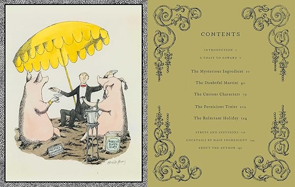 Edward Gorey-style illustration of a man with two pink creatures under a yellow umbrella, cocktail items, and table of contents from Uneasy Elixirs book.