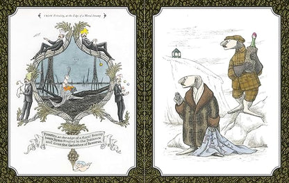 Edward Gorey-style book illustration with animals in Victorian clothing and surreal settings