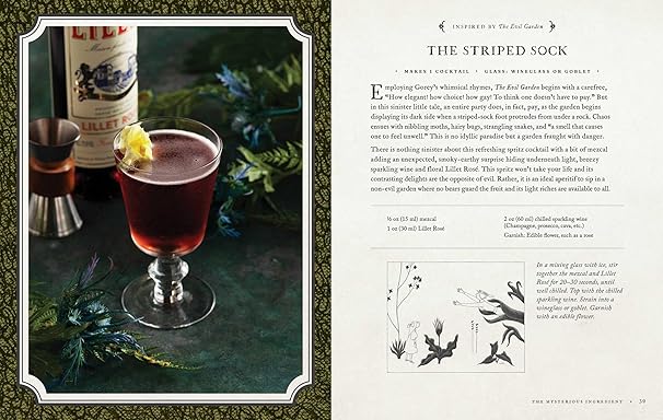 Edward Gorey cocktail book page with vintage drink, garnish, and recipe for The Striped Sock