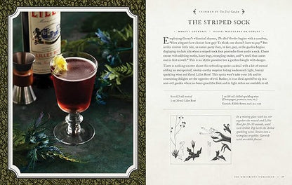 Edward Gorey cocktail book page with vintage drink, garnish, and recipe for The Striped Sock