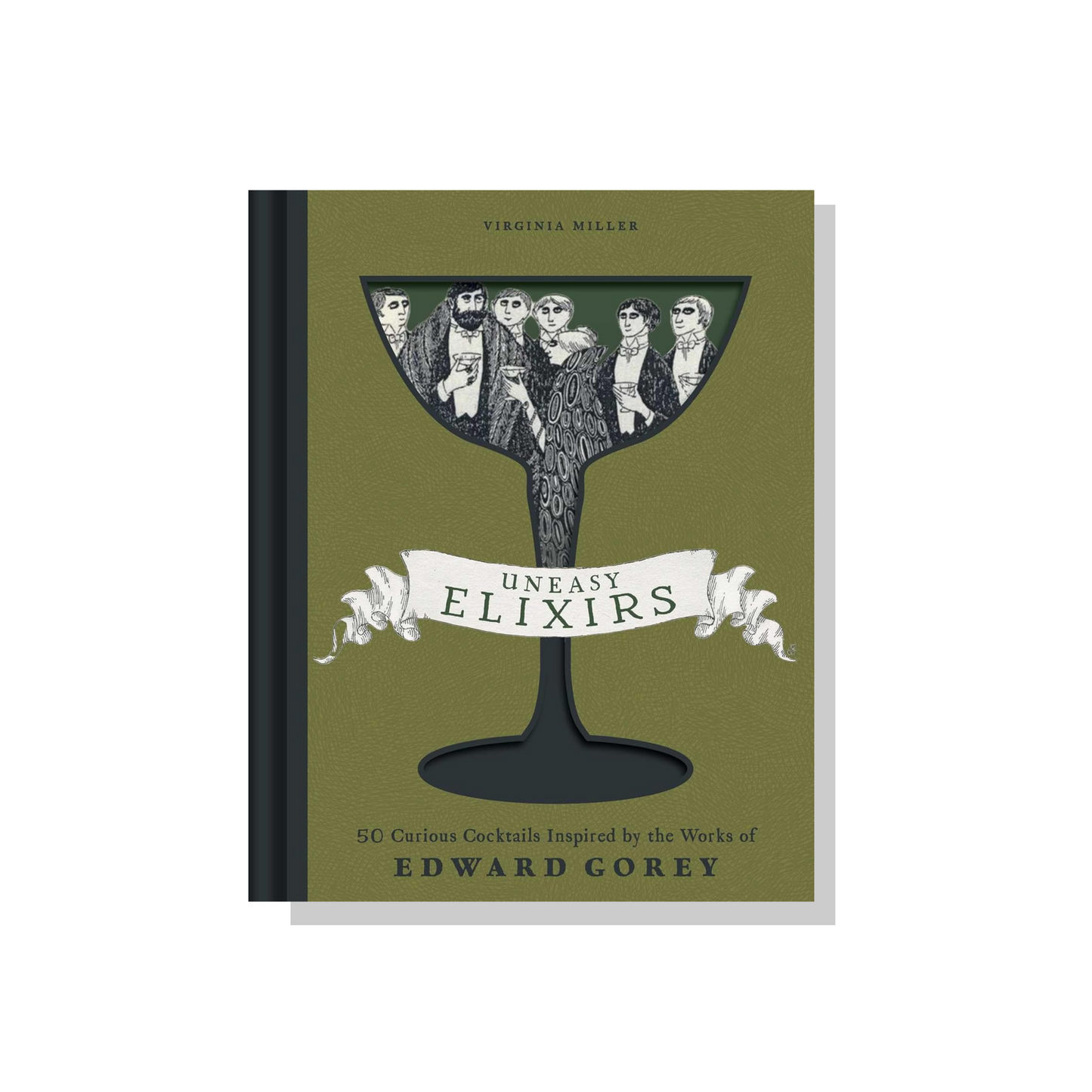 Uneasy Elixirs Edward Gorey cocktail book cover with vintage illustration on green background
