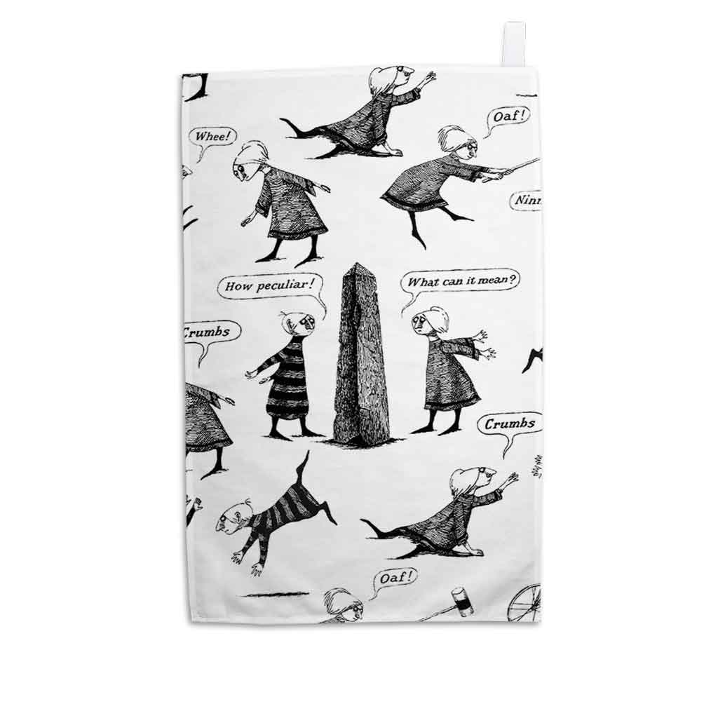 Edward Gorey illustrated tea towel with quirky characters and speech bubbles on white background