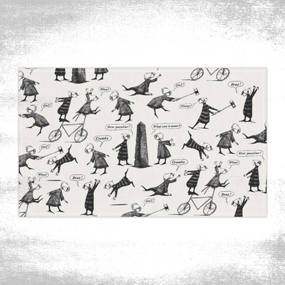 Edward Gorey illustrated tea towel with whimsical black and white characters and speech bubbles.